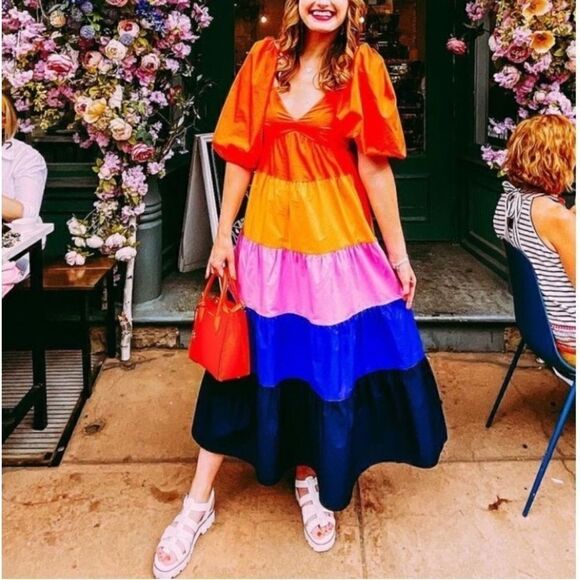 Anthropologie Farm Rio Tiered Colorblock
Puff Sleeves Fun Maxi Dress - Picture 10 of 16